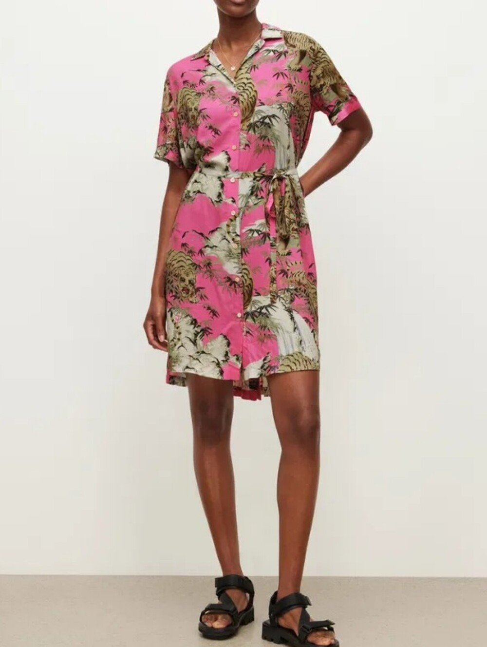 All Saints Tai Nui Tiger Pink Tropical Print Button-Front Midi Dress